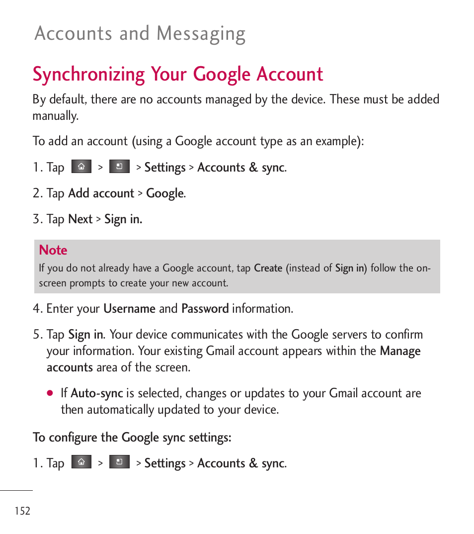 Synchronizing your google account, Accounts and messaging | LG LGL85C User Manual | Page 154 / 490