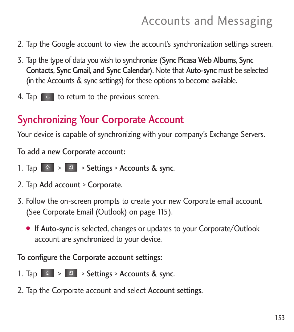 Accounts and messaging, Synchronizing your corporate account | LG LGL85C User Manual | Page 155 / 490