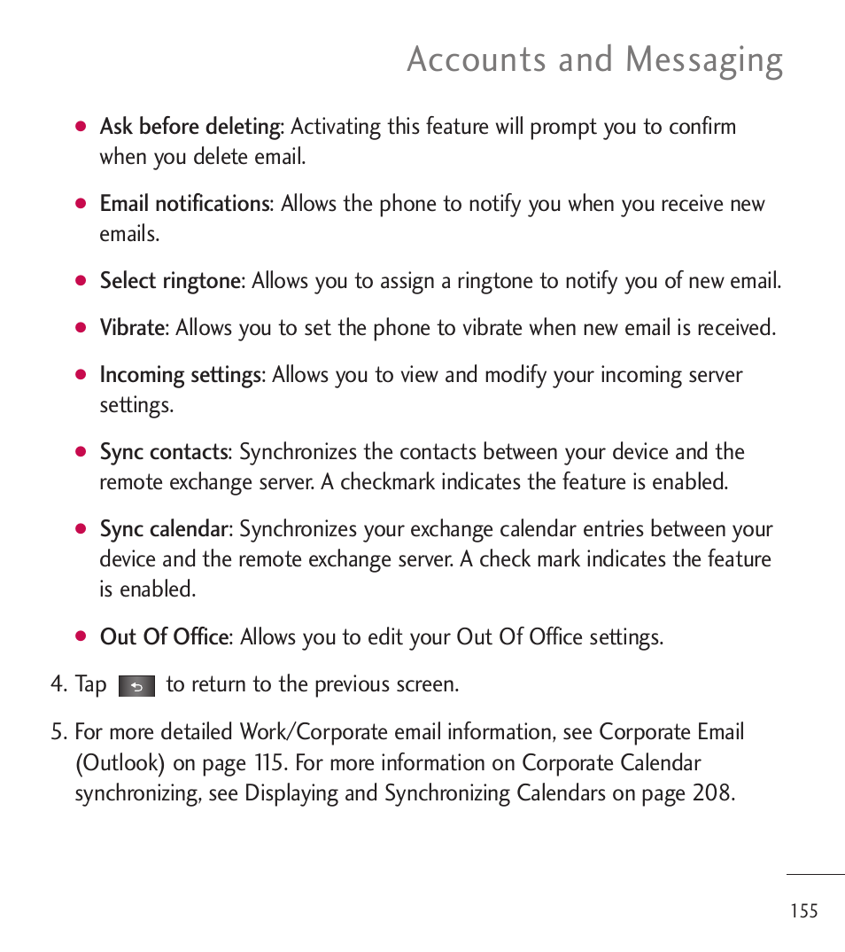 Accounts and messaging | LG LGL85C User Manual | Page 157 / 490