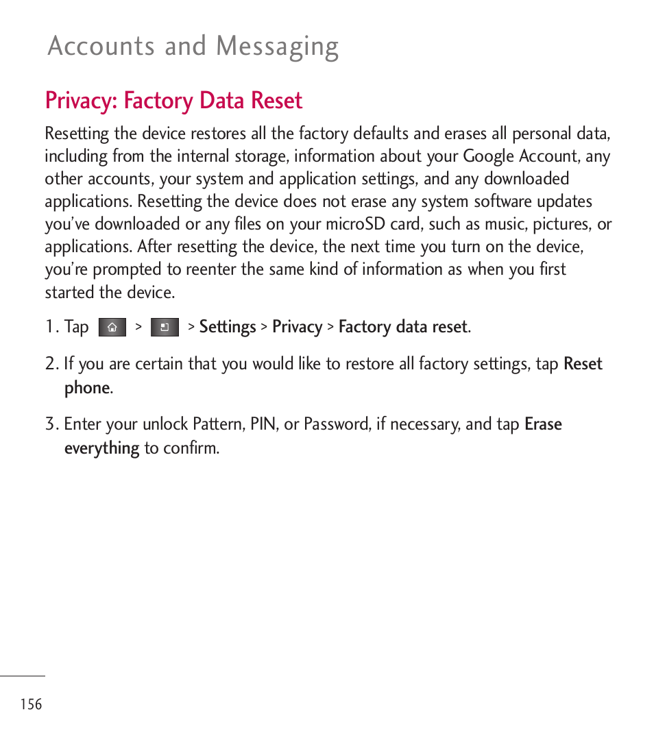Accounts and messaging, Privacy: factory data reset | LG LGL85C User Manual | Page 158 / 490