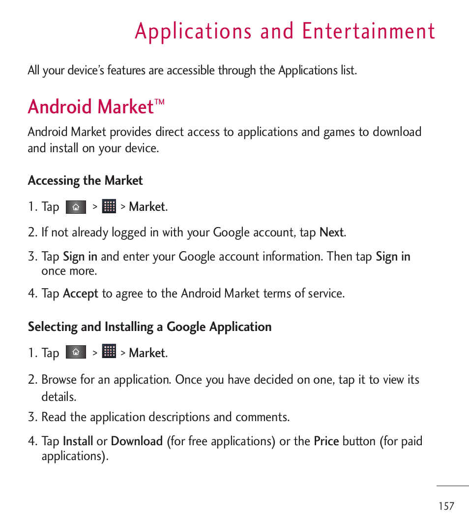 Applications and entertainment, Android market, Applications and entertainment | LG LGL85C User Manual | Page 159 / 490