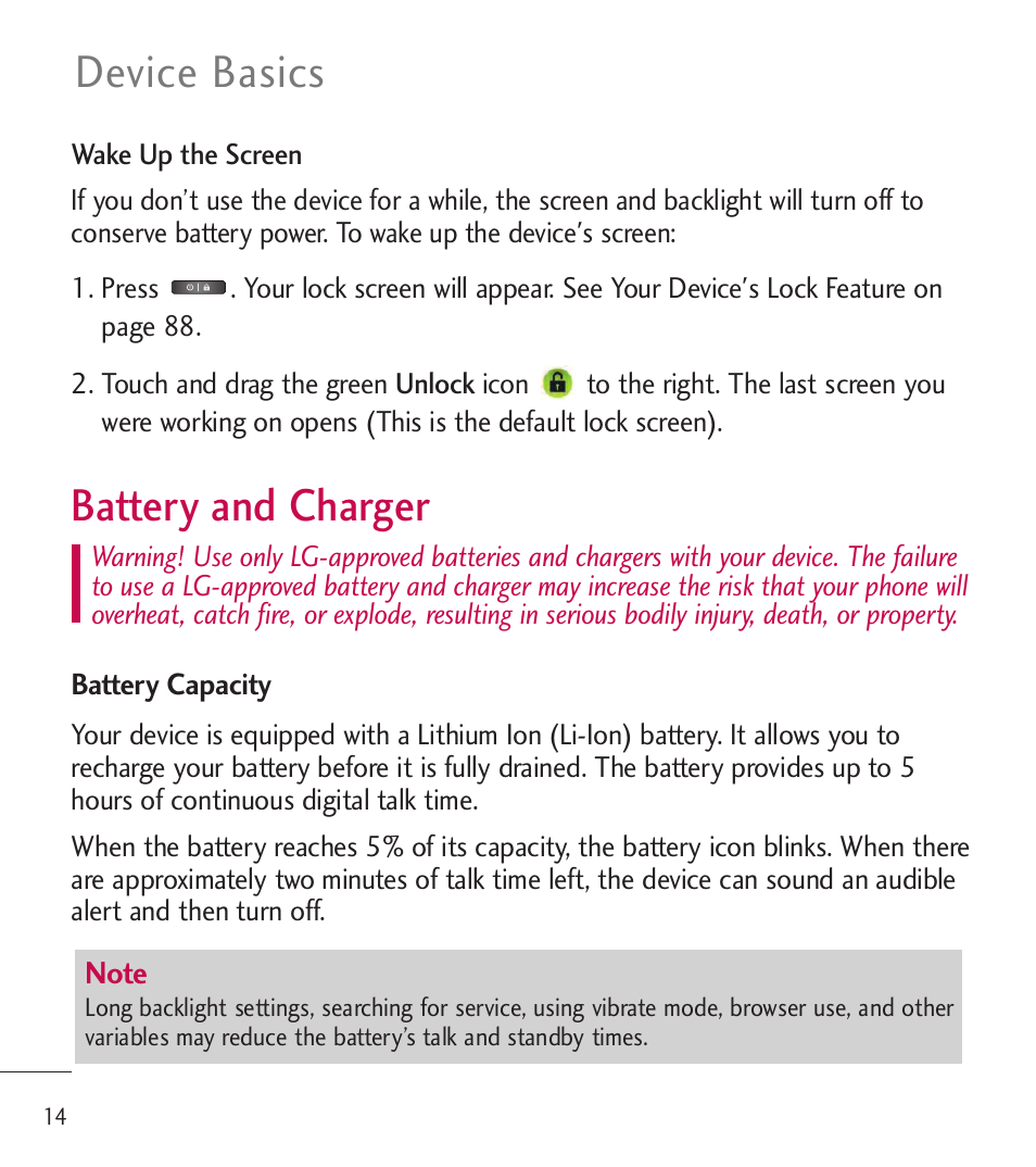 Battery and charger, Device basics | LG LGL85C User Manual | Page 16 / 490