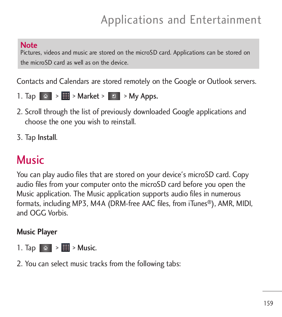 Music, Applications and entertainment | LG LGL85C User Manual | Page 161 / 490