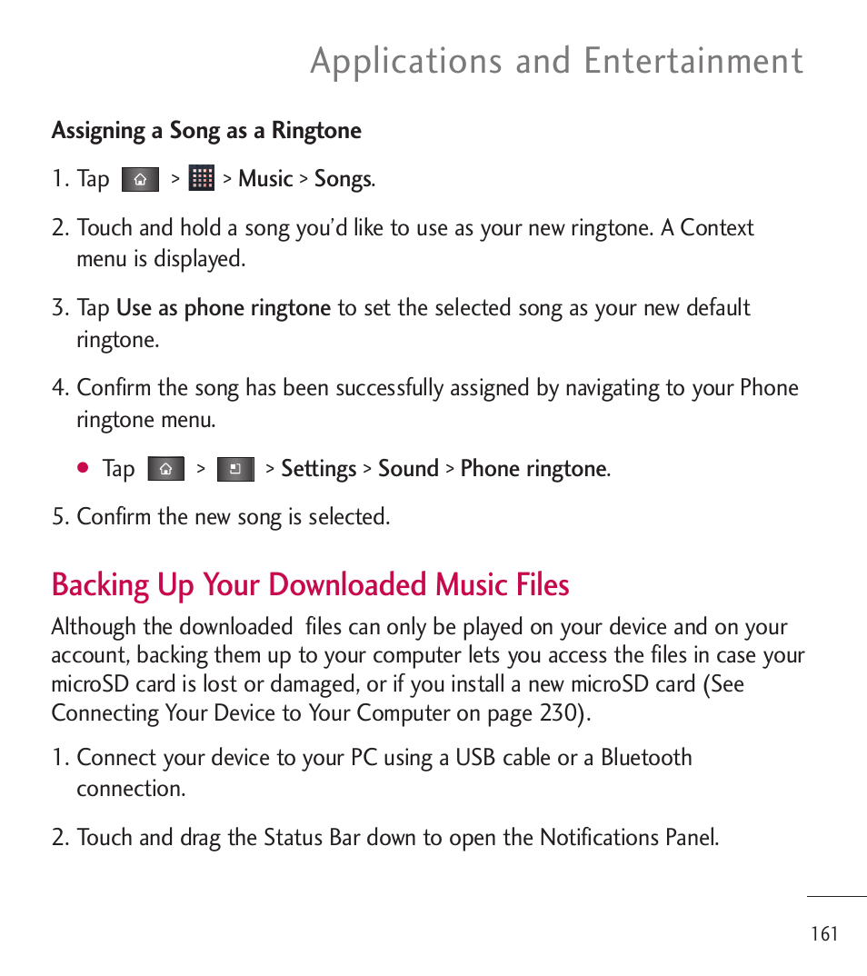 Applications and entertainment, Backing up your downloaded music files | LG LGL85C User Manual | Page 163 / 490