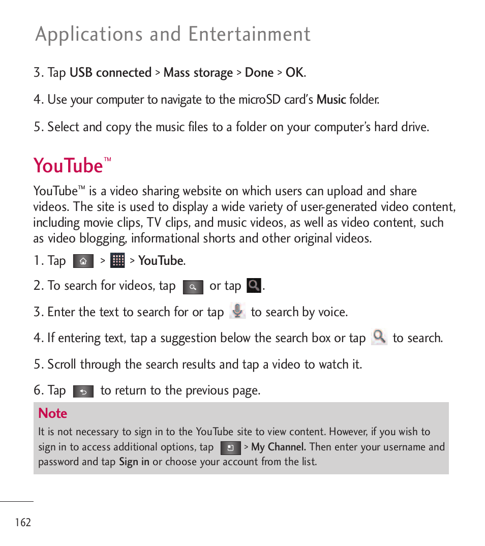 Youtube, Applications and entertainment | LG LGL85C User Manual | Page 164 / 490