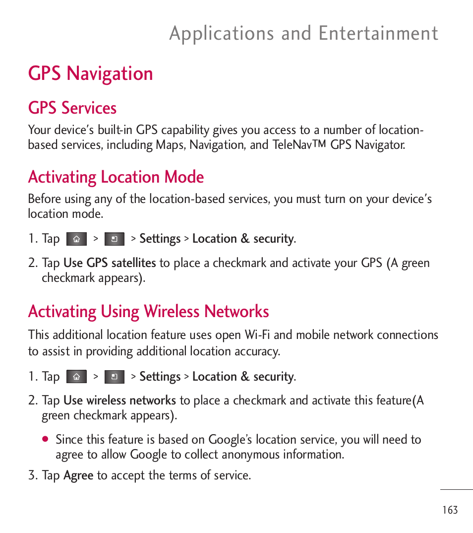 Gps navigation, Applications and entertainment, Gps services | Activating location mode, Activating using wireless networks | LG LGL85C User Manual | Page 165 / 490