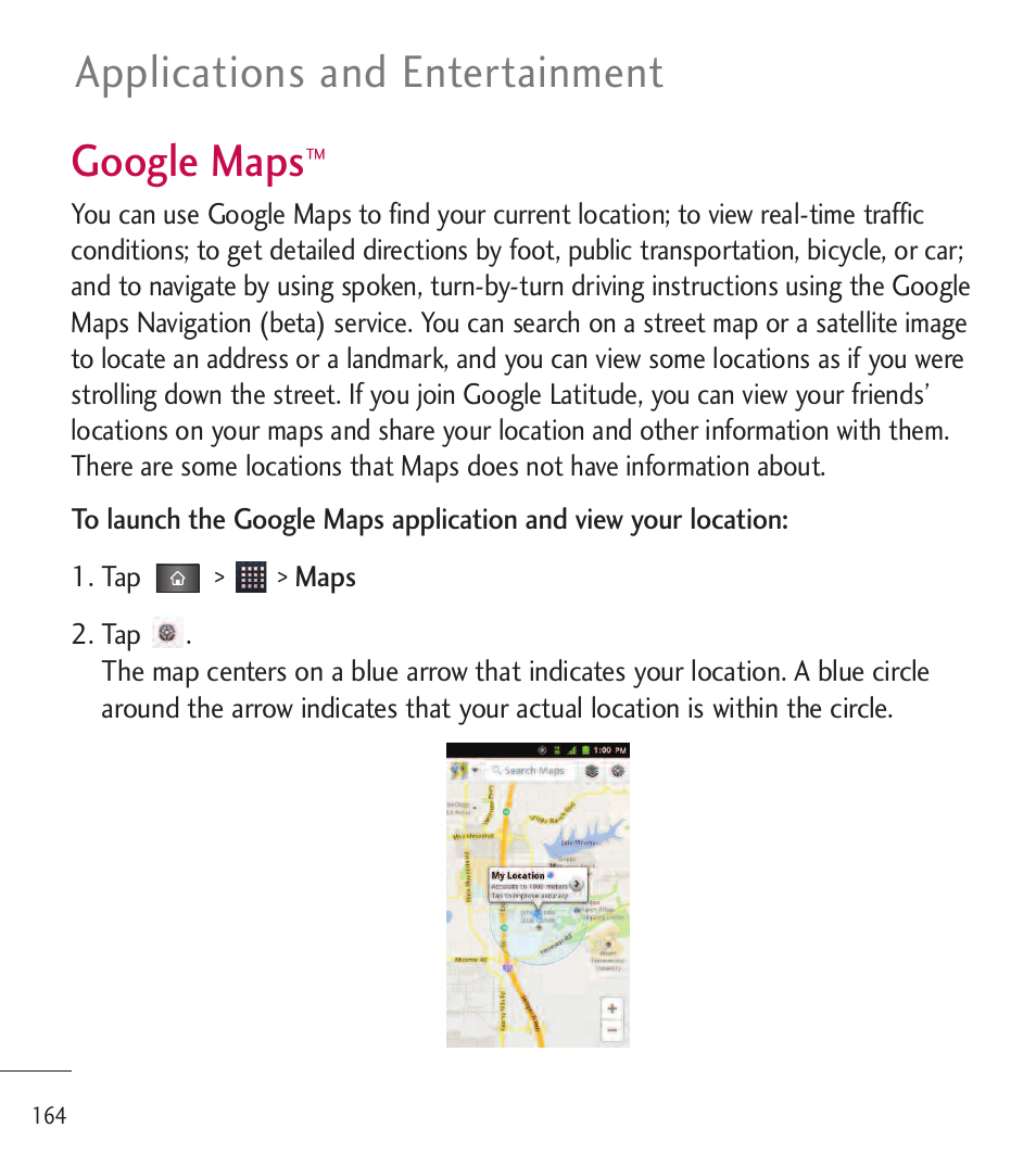 Google maps, Applications and entertainment | LG LGL85C User Manual | Page 166 / 490