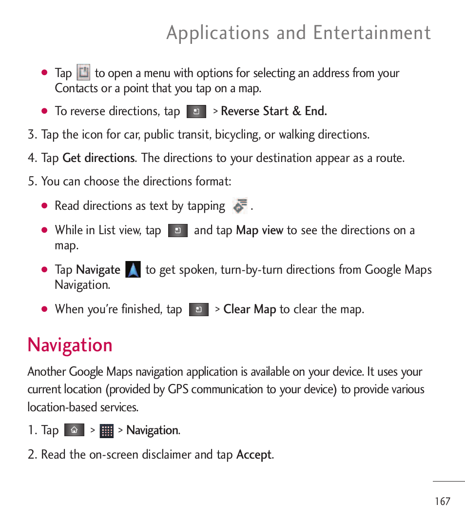 Navigation, Applications and entertainment | LG LGL85C User Manual | Page 169 / 490