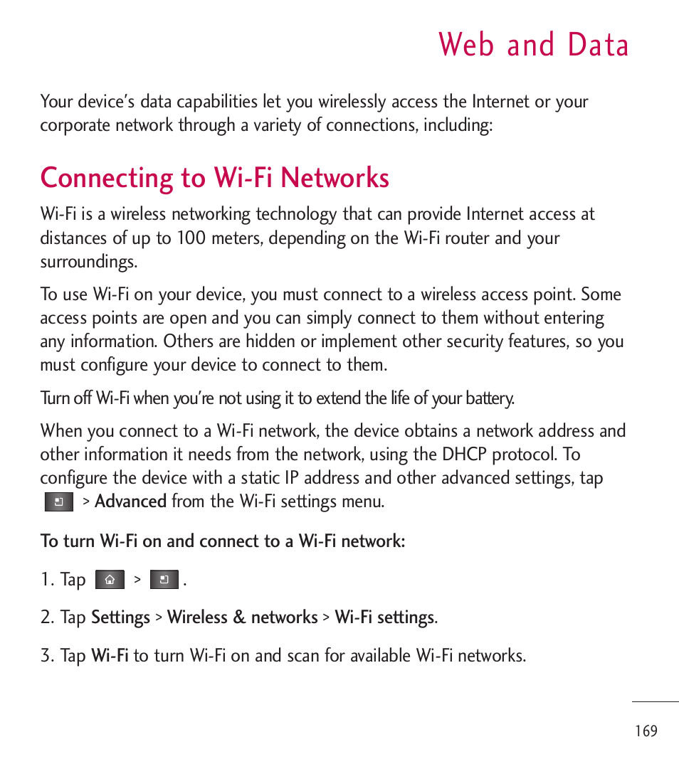 Web and data, Connecting to wi-fi networks, Connecting to wi-fi networks 169 | LG LGL85C User Manual | Page 171 / 490