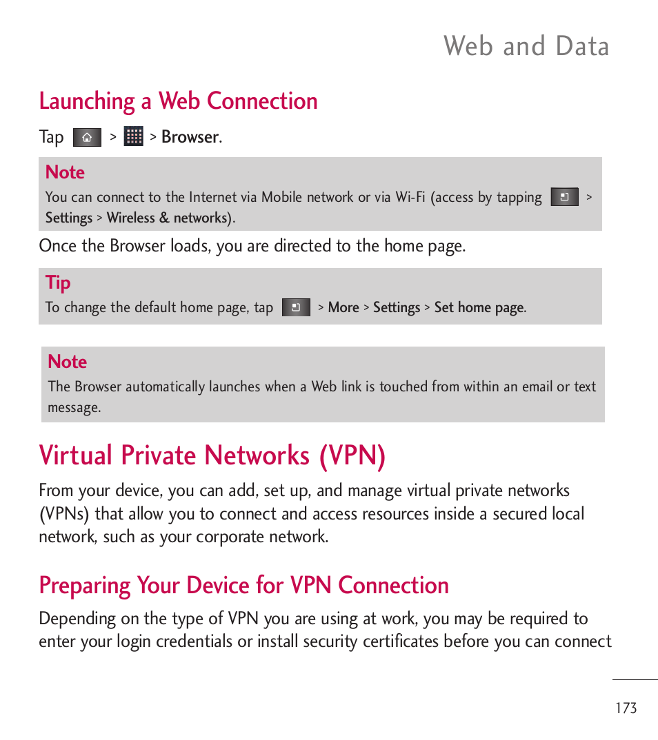 Virtual private networks (vpn), Virtual private networks (vpn) 173, Web and data | Launching a web connection, Preparing your device for vpn connection | LG LGL85C User Manual | Page 175 / 490