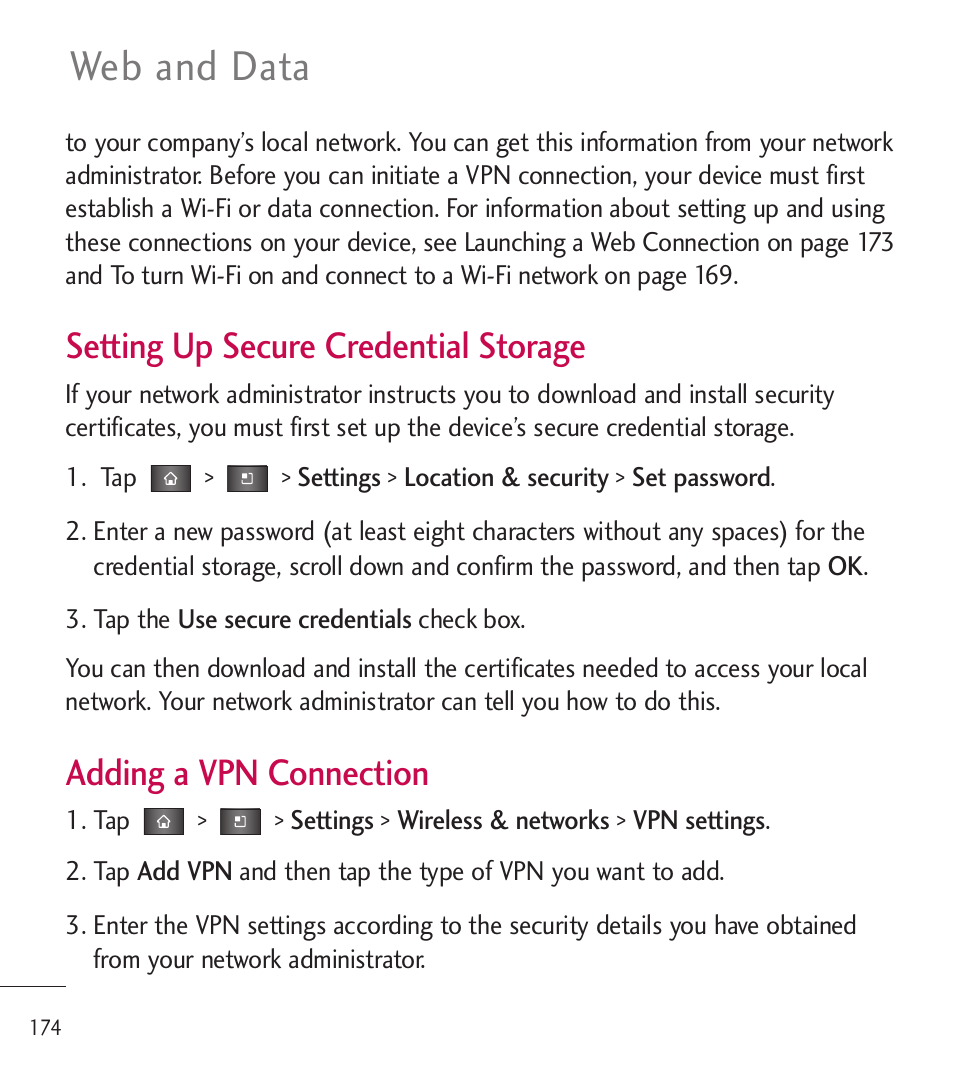 Web and data, Setting up secure credential storage, Adding a vpn connection | LG LGL85C User Manual | Page 176 / 490