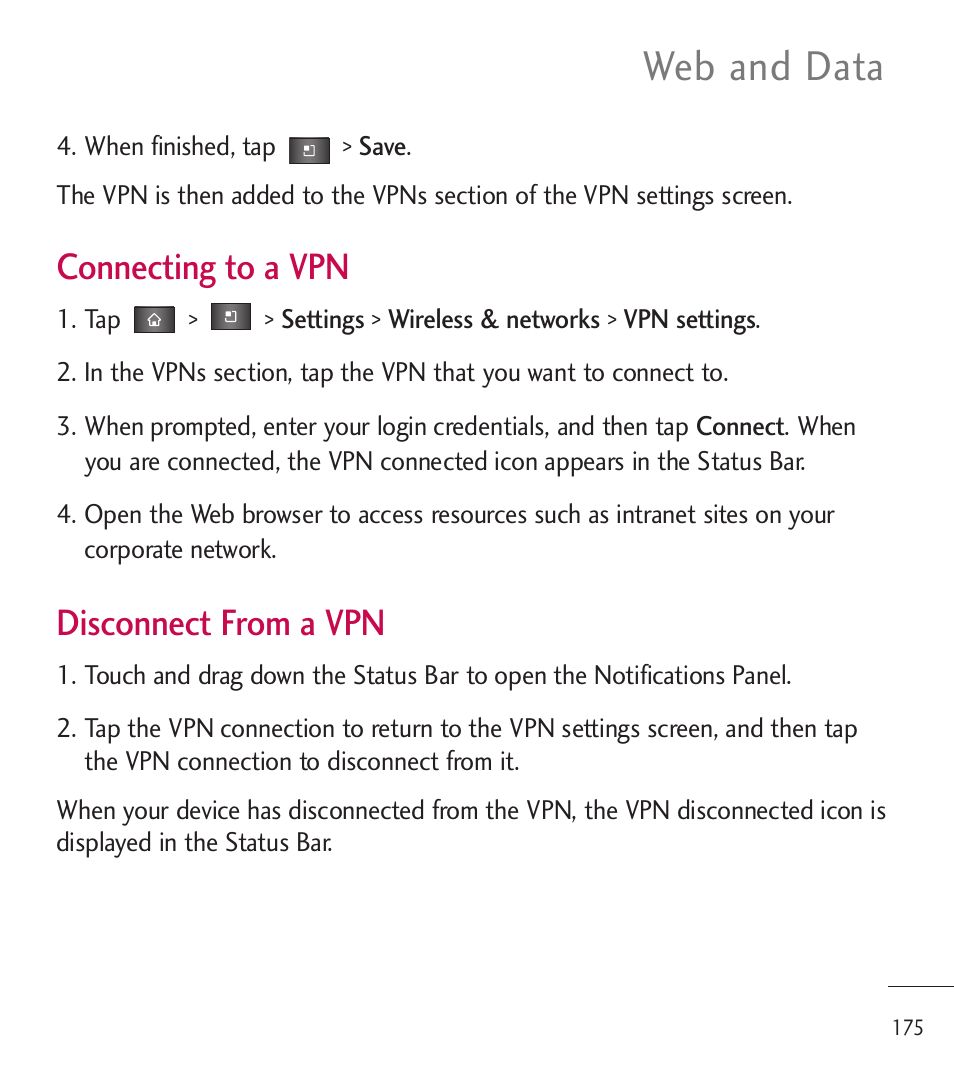 Web and data, Connecting to a vpn, Disconnect from a vpn | LG LGL85C User Manual | Page 177 / 490