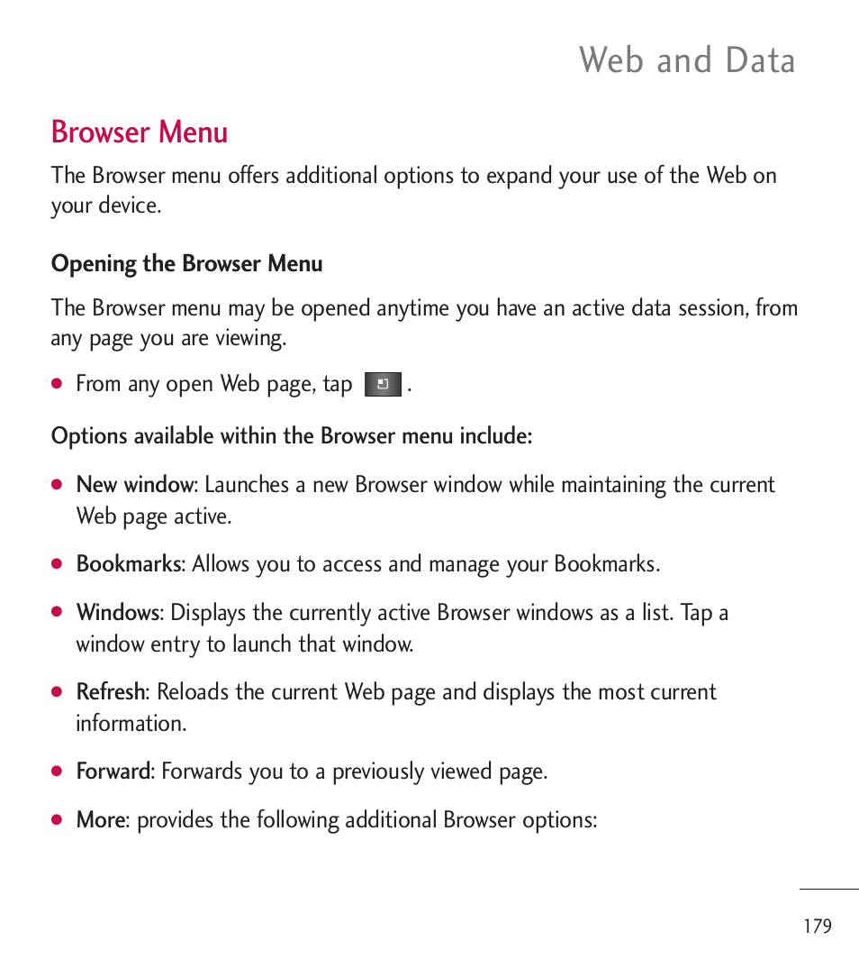 Web and data, Browser menu | LG LGL85C User Manual | Page 181 / 490