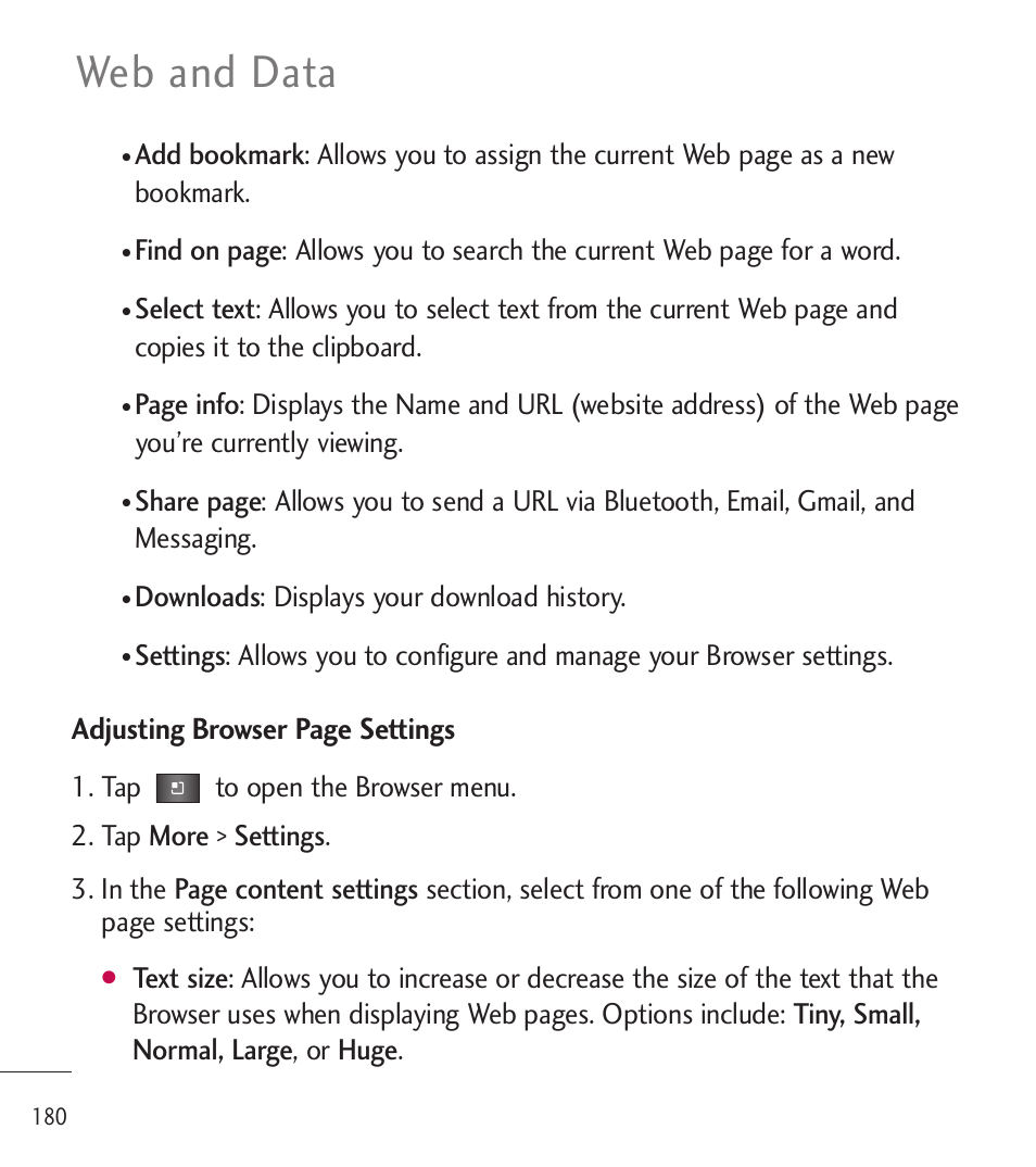 Web and data, Adjusting browser page settings, Downloads: displays your download history | LG LGL85C User Manual | Page 182 / 490