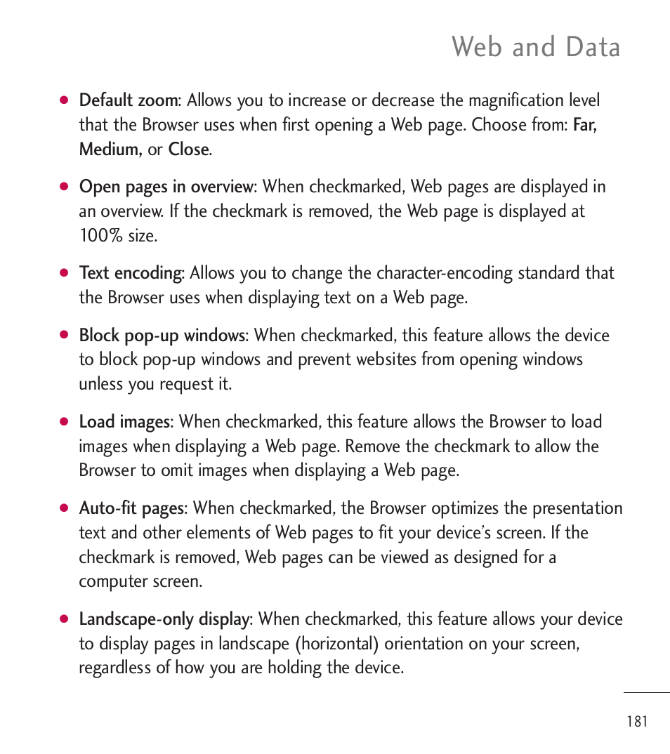 Web and data | LG LGL85C User Manual | Page 183 / 490