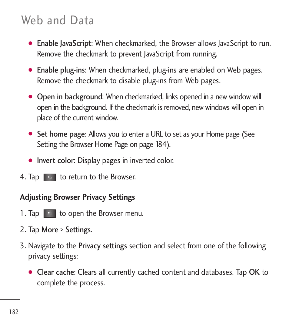 Web and data | LG LGL85C User Manual | Page 184 / 490