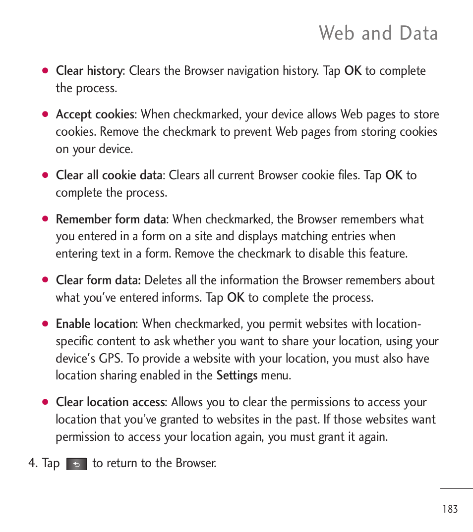 Web and data | LG LGL85C User Manual | Page 185 / 490