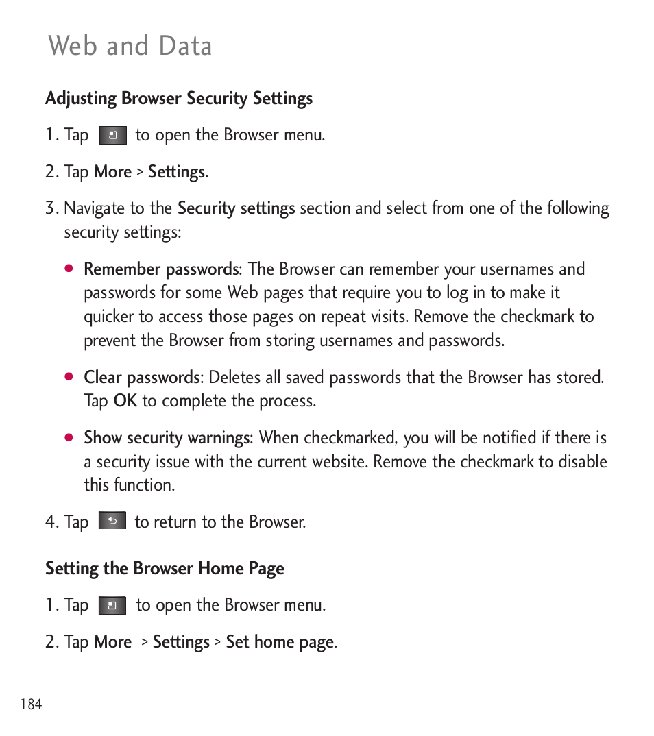 Web and data | LG LGL85C User Manual | Page 186 / 490