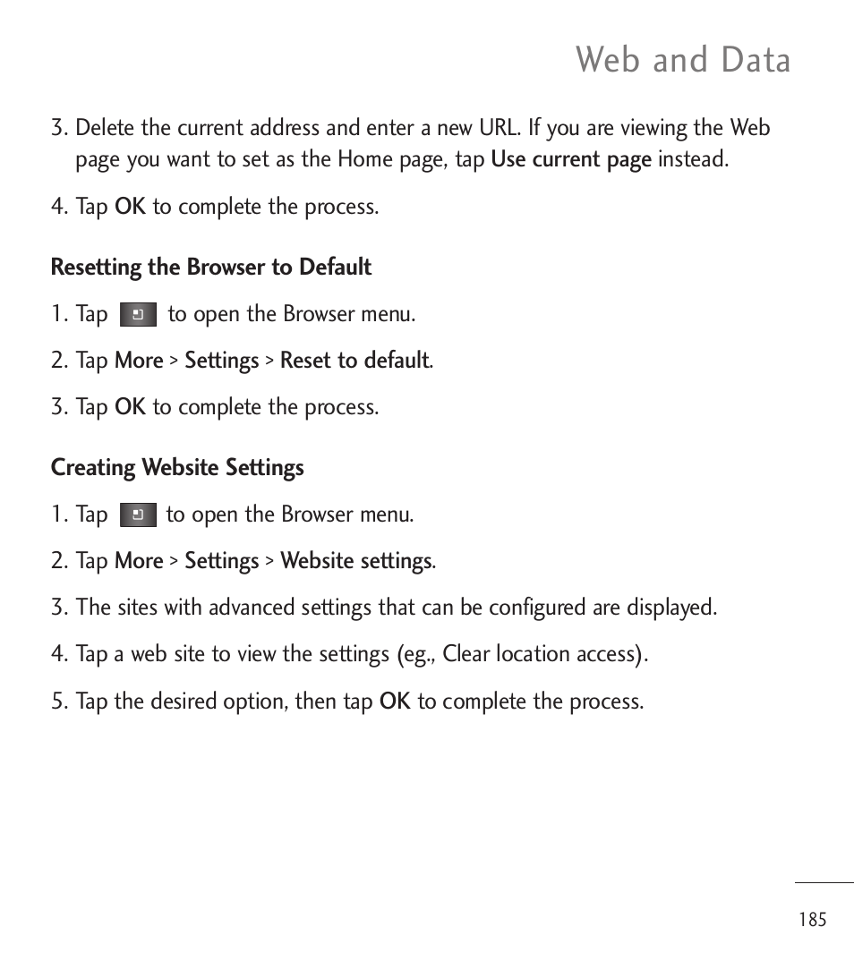 Web and data | LG LGL85C User Manual | Page 187 / 490