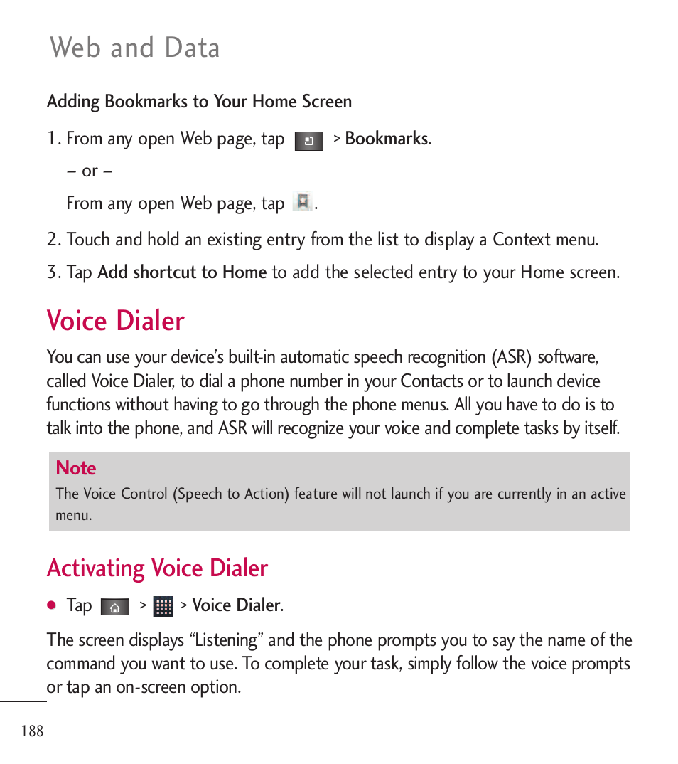 Voice dialer, Web and data, Activating voice dialer | LG LGL85C User Manual | Page 190 / 490