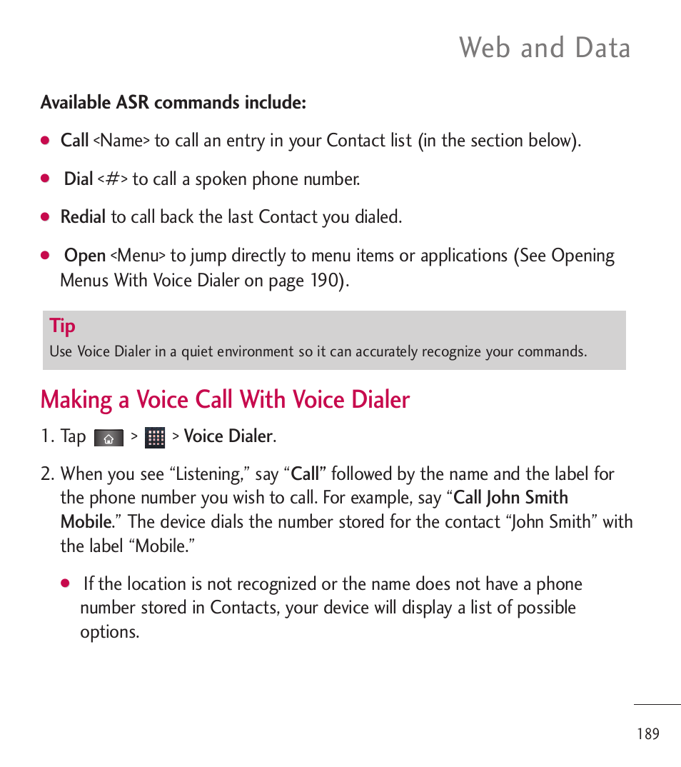 Web and data, Making a voice call with voice dialer, Available asr commands include | LG LGL85C User Manual | Page 191 / 490