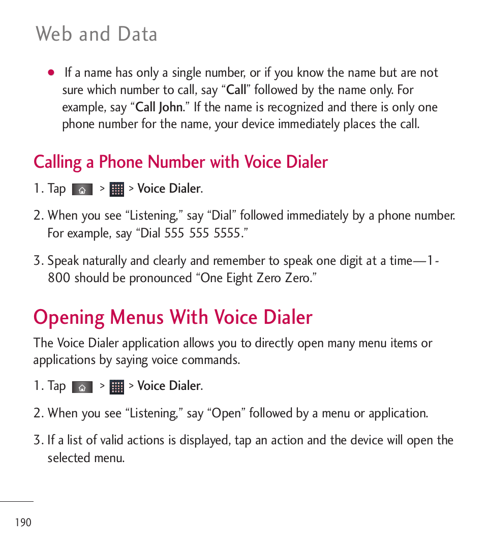 Opening menus with voice dialer, Opening menus with voice dialer, Web and data | Calling a phone number with voice dialer | LG LGL85C User Manual | Page 192 / 490