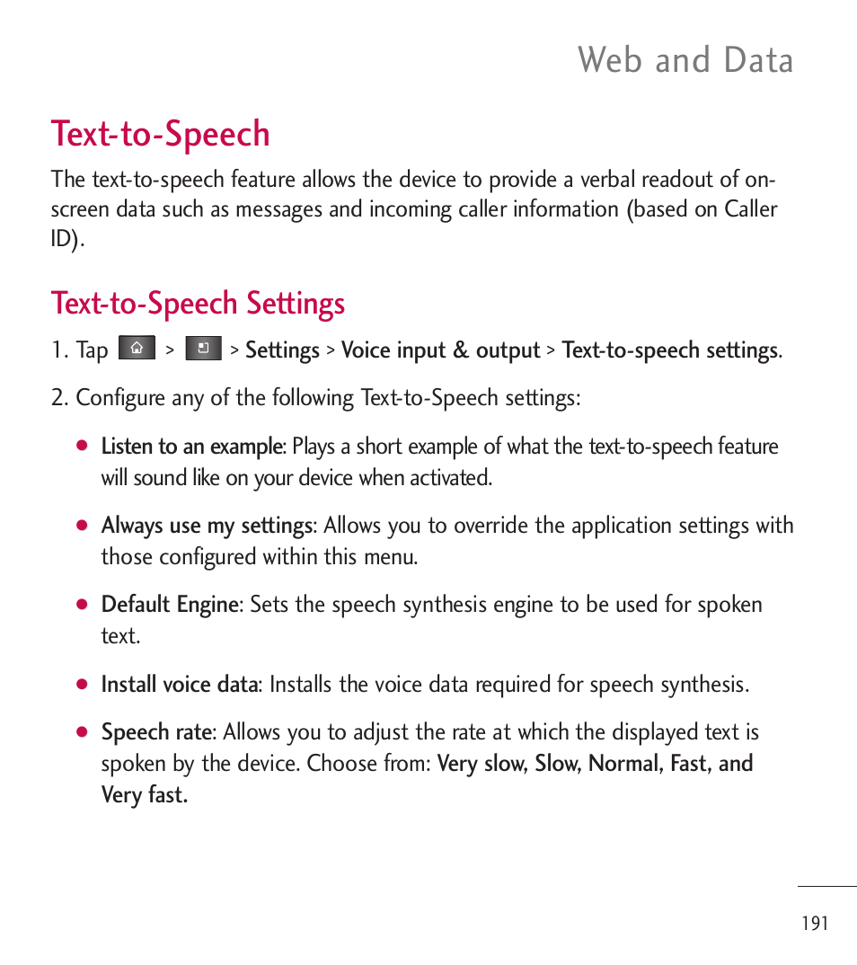 Text-to-speech, Web and data, Text-to-speech settings | LG LGL85C User Manual | Page 193 / 490