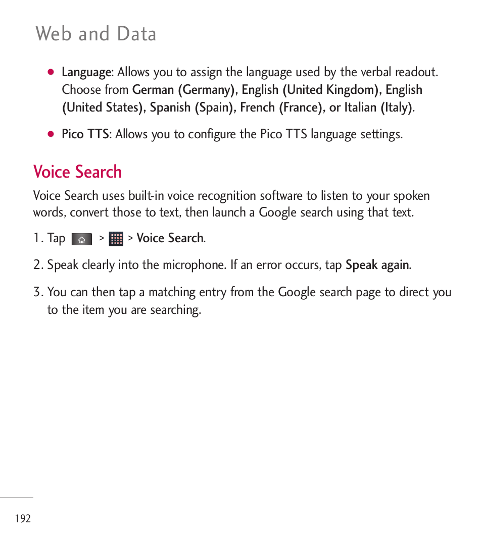 Web and data, Voice search | LG LGL85C User Manual | Page 194 / 490