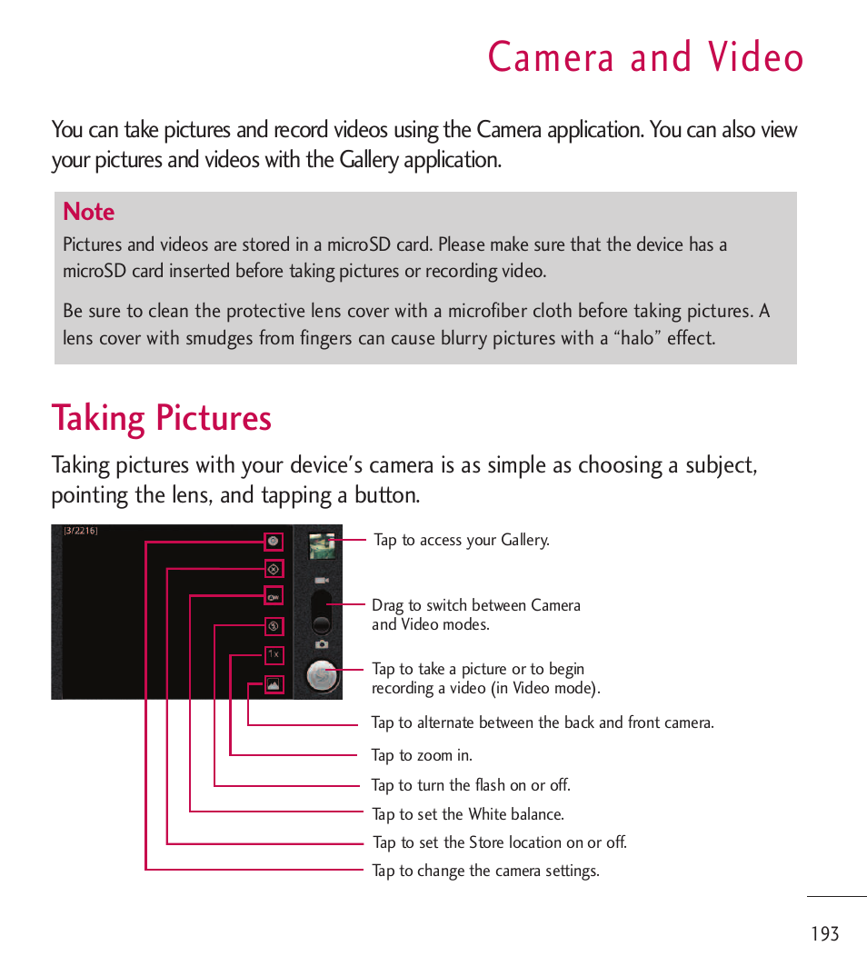 Camera and video, Taking pictures | LG LGL85C User Manual | Page 195 / 490