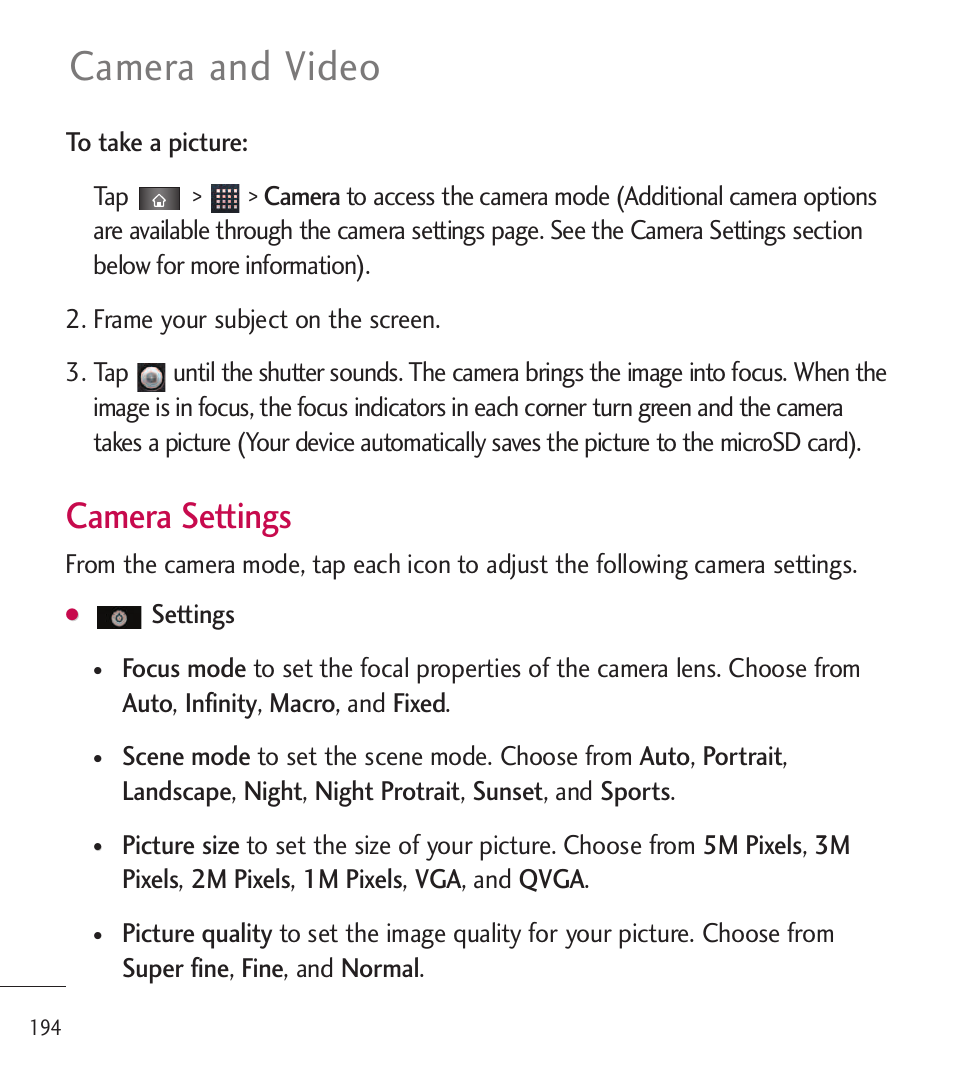 Camera and video, Camera settings, Settings | LG LGL85C User Manual | Page 196 / 490