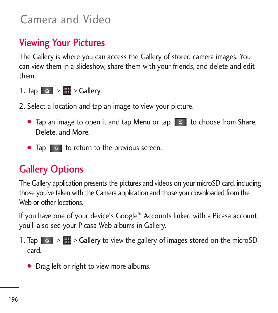 Camera and video, Viewing your pictures, Gallery options | LG LGL85C User Manual | Page 198 / 490