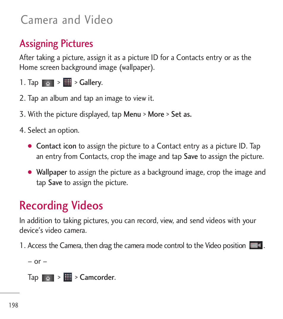 Recording videos, Camera and video, Assigning pictures | LG LGL85C User Manual | Page 200 / 490