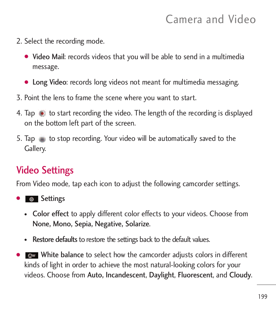 Camera and video, Video settings, Select the recording mode | Settings | LG LGL85C User Manual | Page 201 / 490