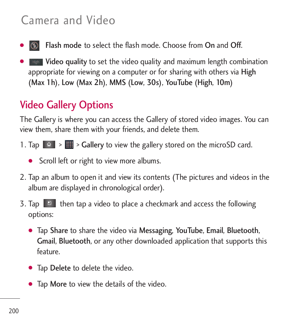 Camera and video, Video gallery options | LG LGL85C User Manual | Page 202 / 490