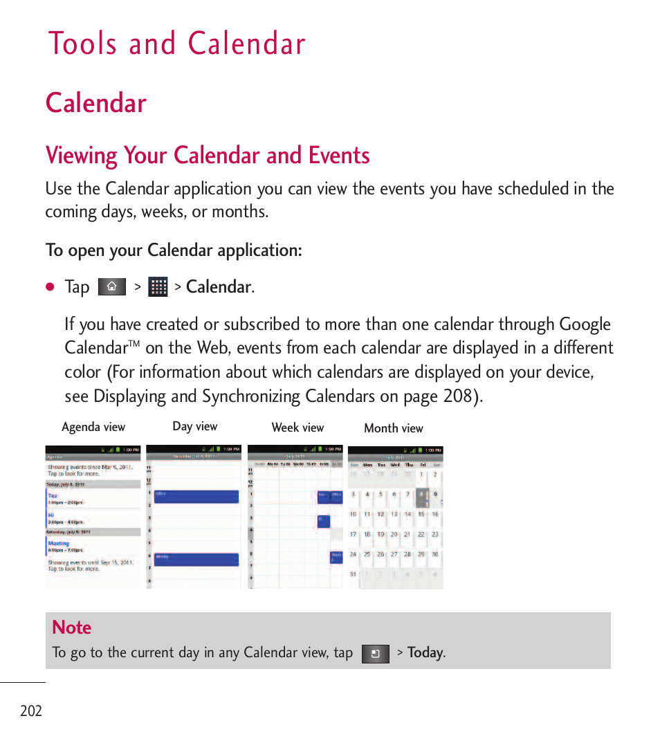 Tools and calendar, Calendar, Viewing your calendar and events | LG LGL85C User Manual | Page 204 / 490