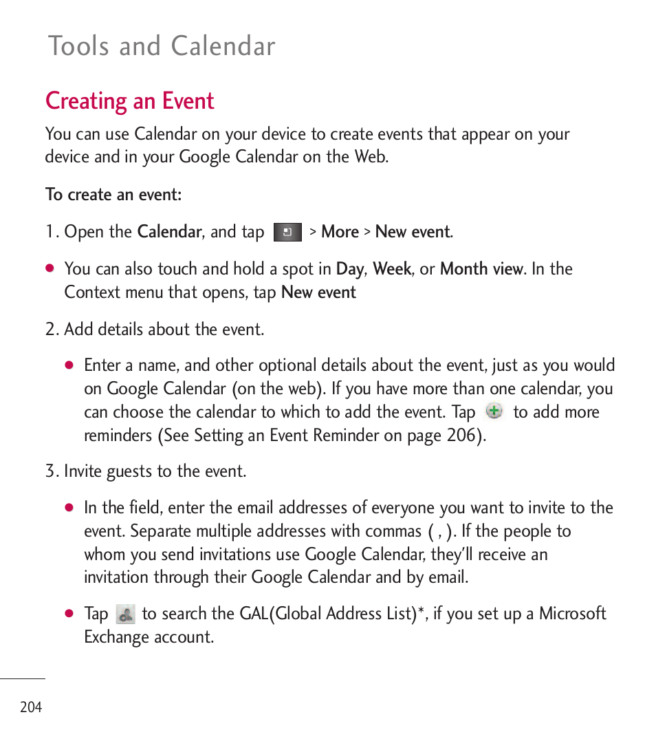 Tools and calendar, Creating an event | LG LGL85C User Manual | Page 206 / 490