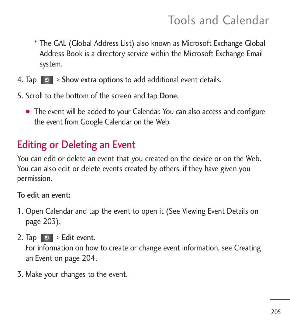 Tools and calendar, Editing or deleting an event | LG LGL85C User Manual | Page 207 / 490