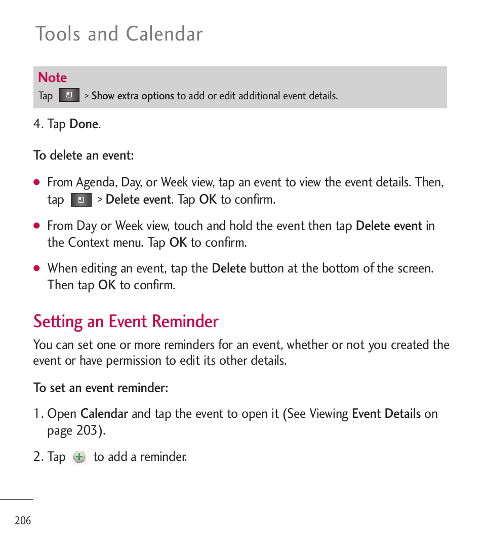 Tools and calendar, Setting an event reminder | LG LGL85C User Manual | Page 208 / 490