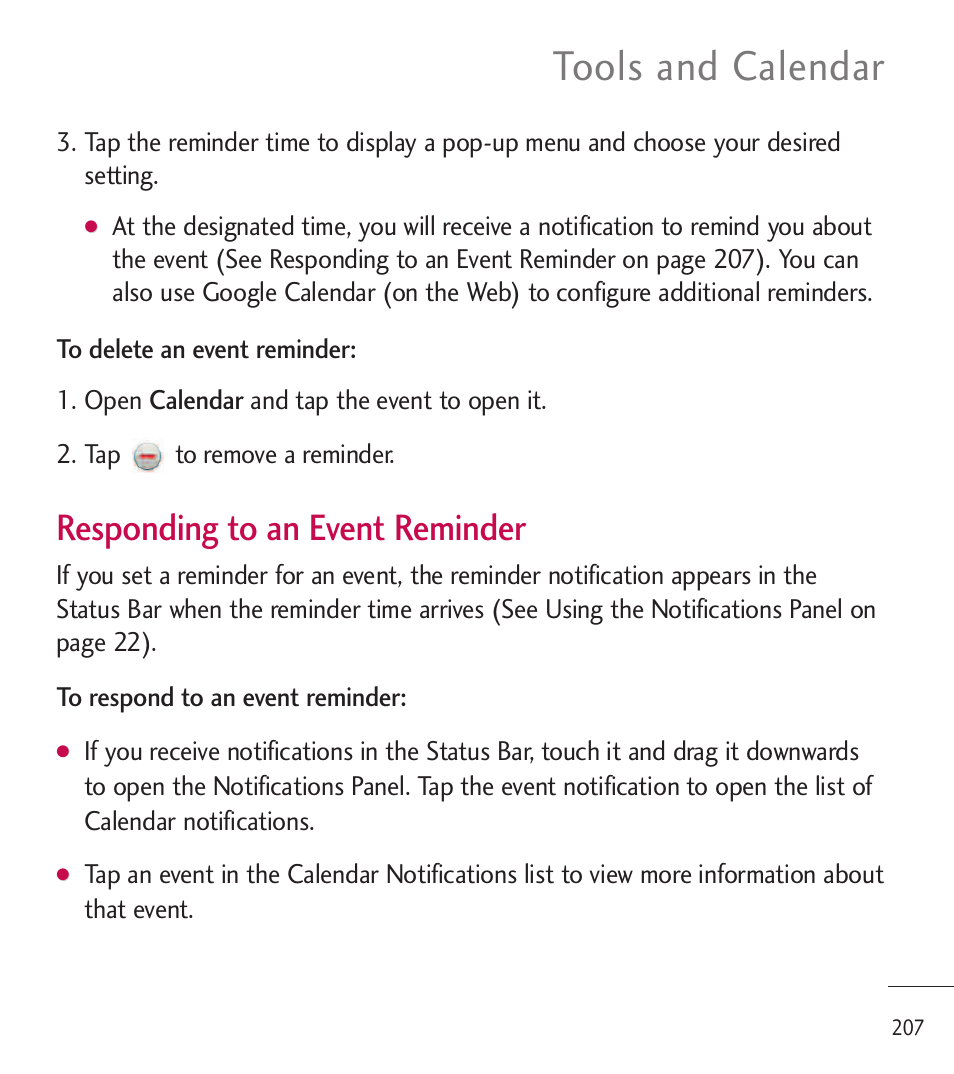 Tools and calendar, Responding to an event reminder | LG LGL85C User Manual | Page 209 / 490