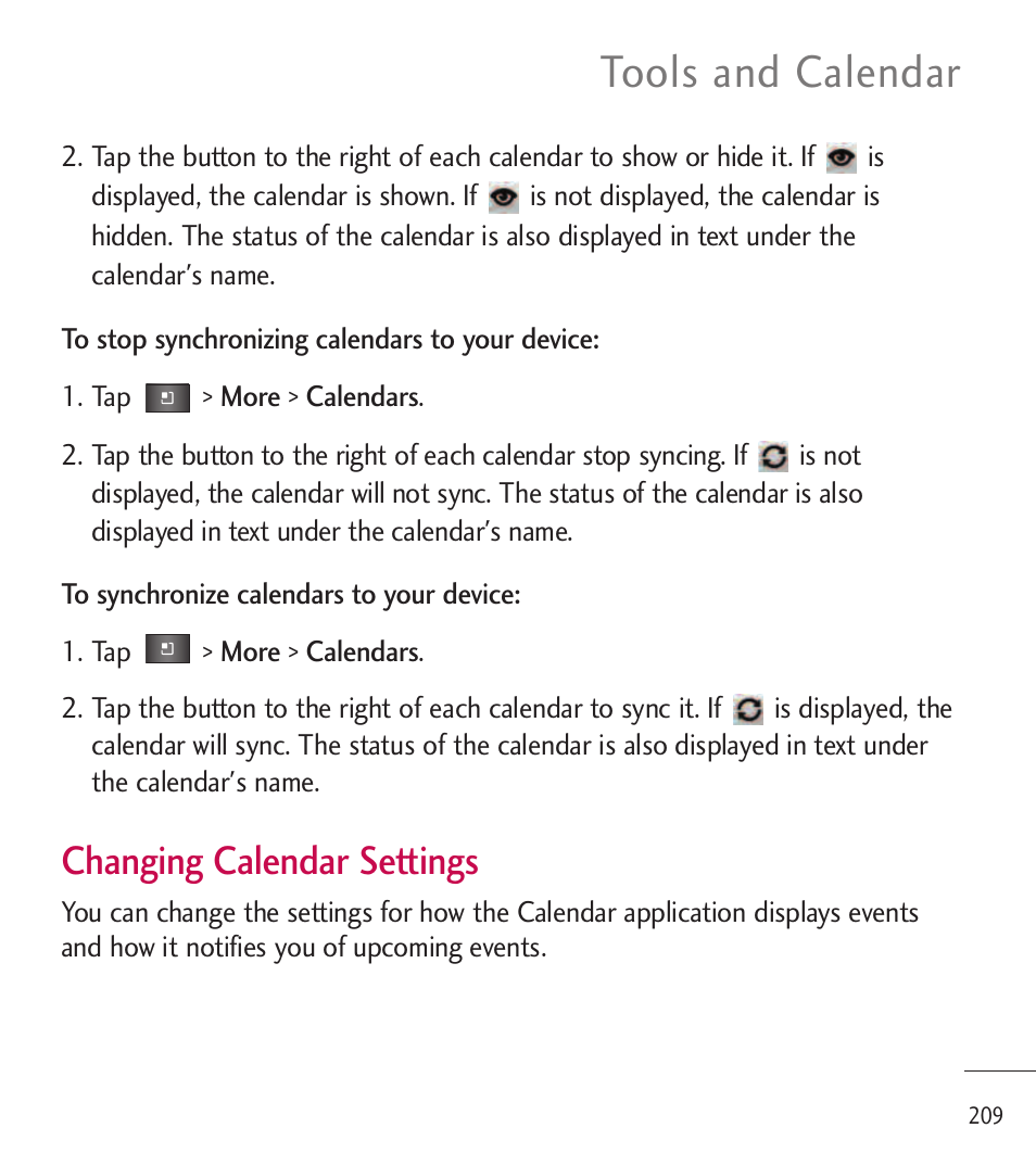 Tools and calendar, Changing calendar settings | LG LGL85C User Manual | Page 211 / 490