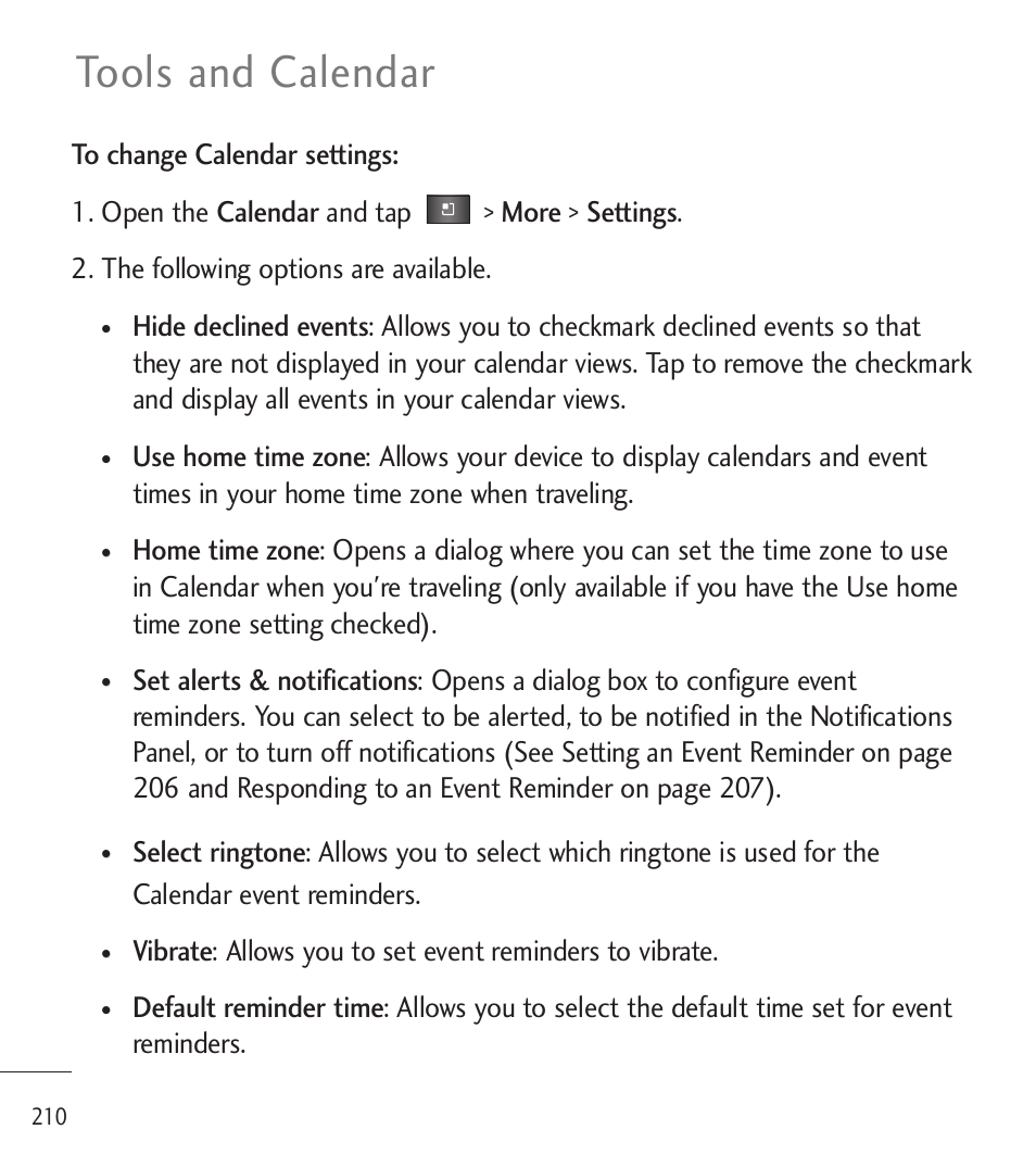 Tools and calendar | LG LGL85C User Manual | Page 212 / 490