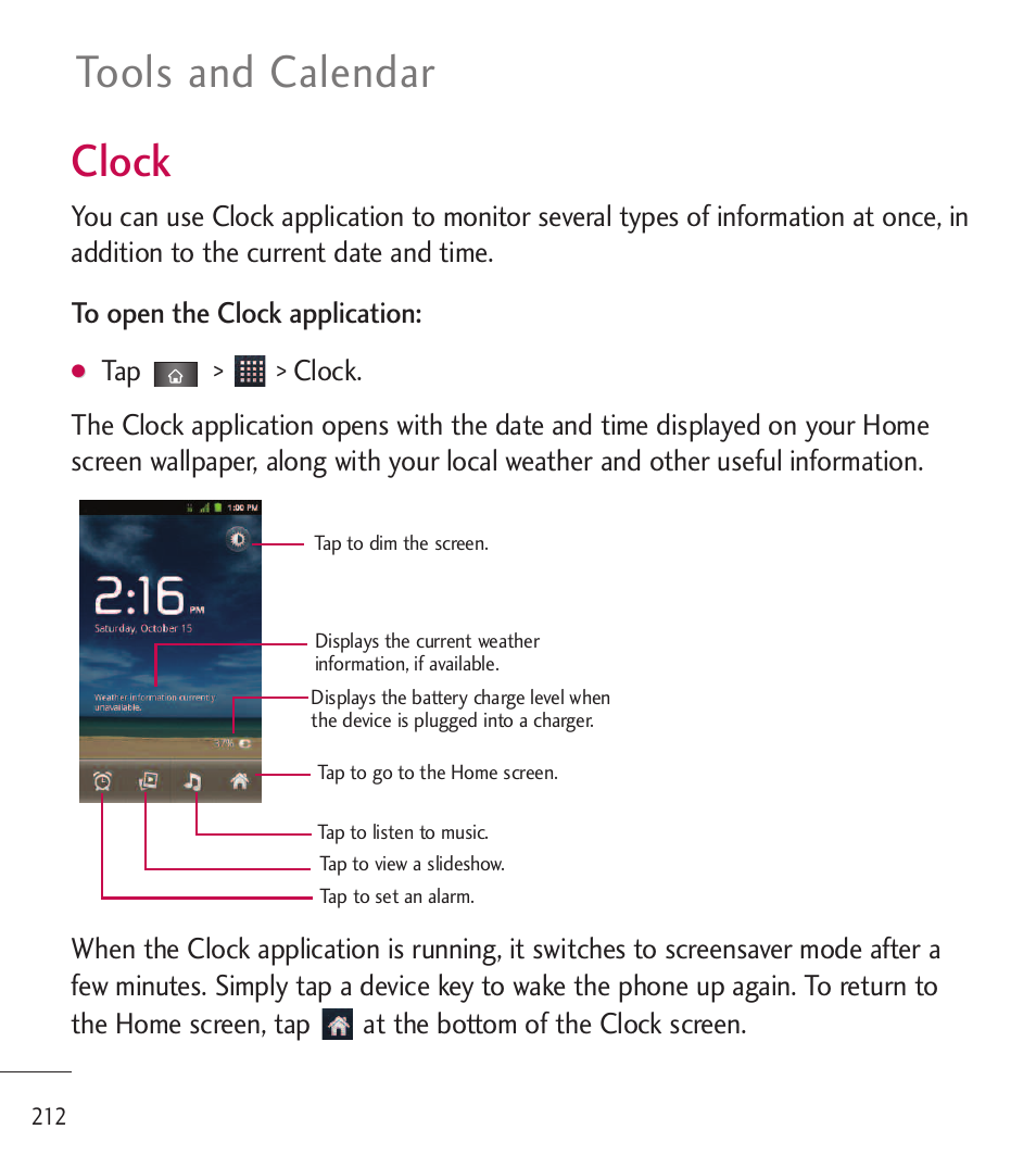 Clock, Tools and calendar | LG LGL85C User Manual | Page 214 / 490