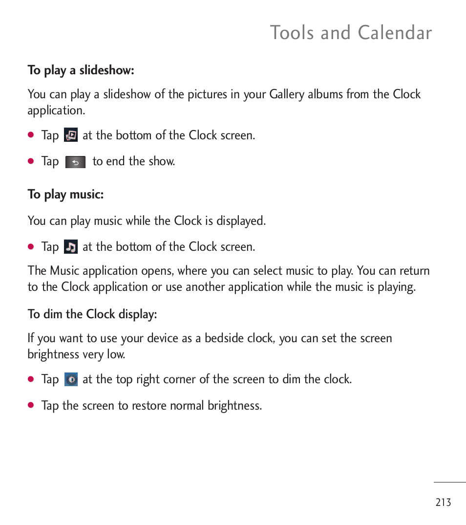 Tools and calendar | LG LGL85C User Manual | Page 215 / 490