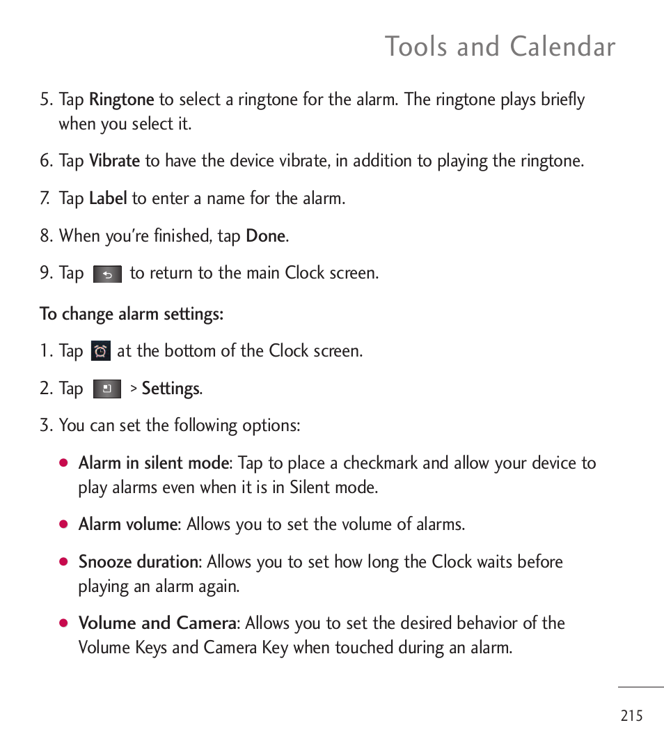 Tools and calendar | LG LGL85C User Manual | Page 217 / 490