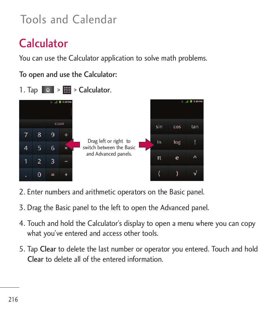 Calculator, Tools and calendar | LG LGL85C User Manual | Page 218 / 490