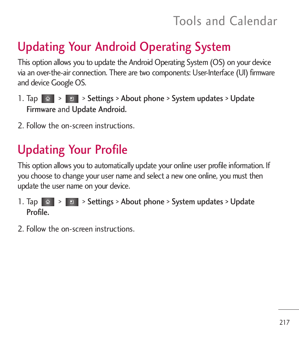 Updating your android operating system, Updating your profile, Tools and calendar | LG LGL85C User Manual | Page 219 / 490