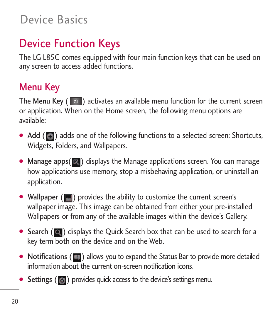 Device function keys, Device basics device function keys, Menu key | LG LGL85C User Manual | Page 22 / 490