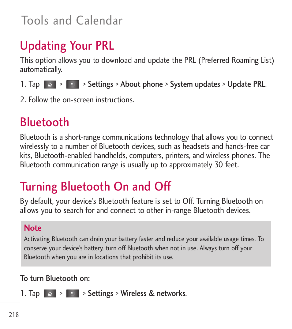 Updating your prl, Bluetooth, Turning bluetooth on and off | Tools and calendar | LG LGL85C User Manual | Page 220 / 490