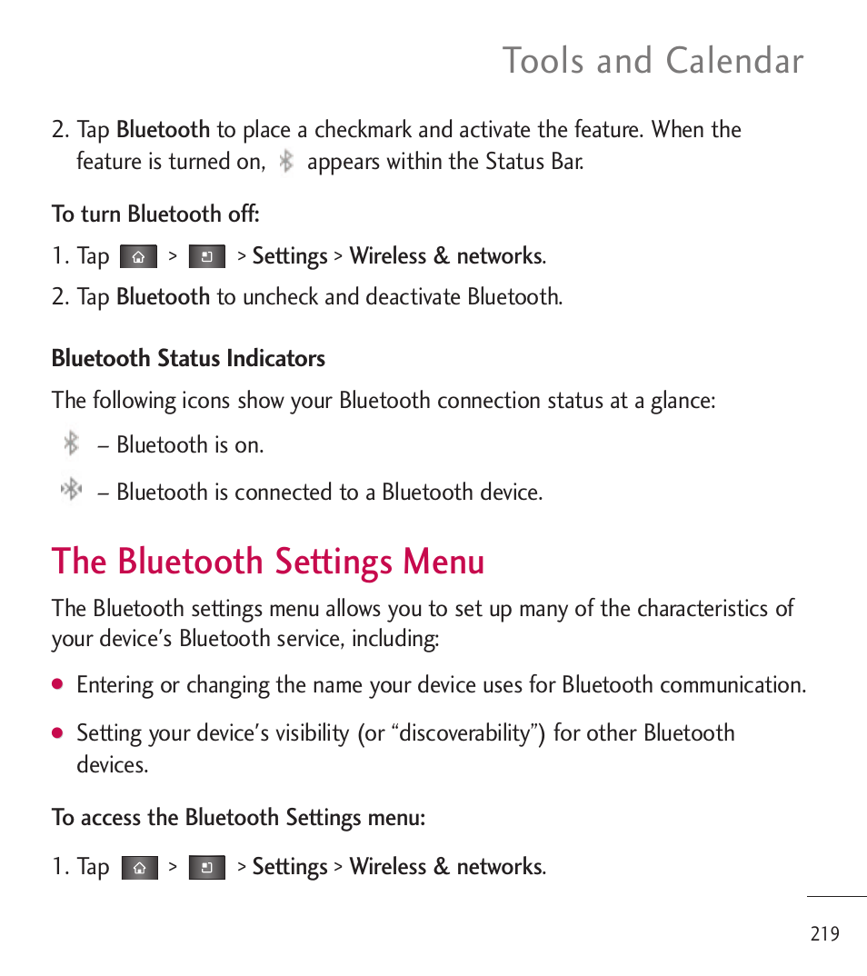 The bluetooth settings menu, Tools and calendar | LG LGL85C User Manual | Page 221 / 490