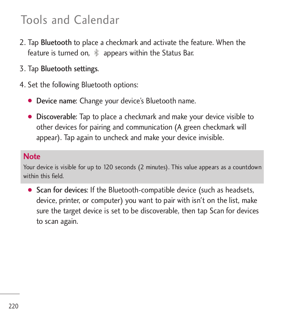 Tools and calendar | LG LGL85C User Manual | Page 222 / 490